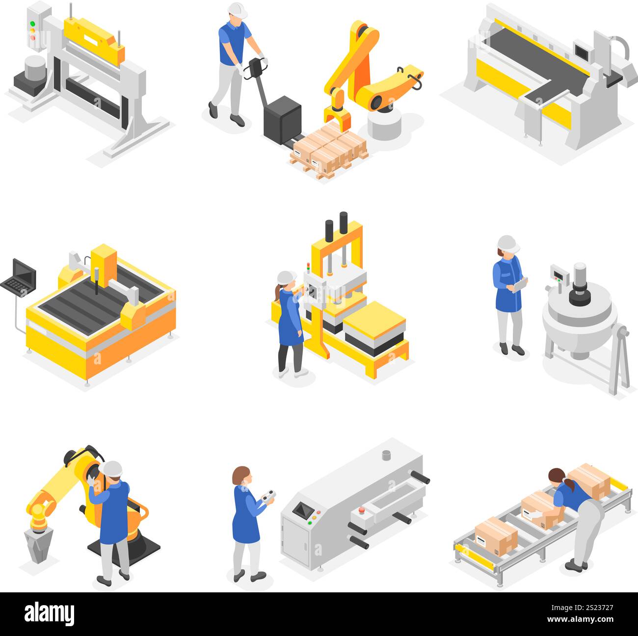 Isometric factory workers. People in uniform working with technology ...