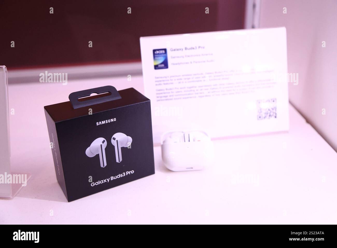 A view of the Galaxy Buds3 Pro wireless earbuds by Samsung, on display