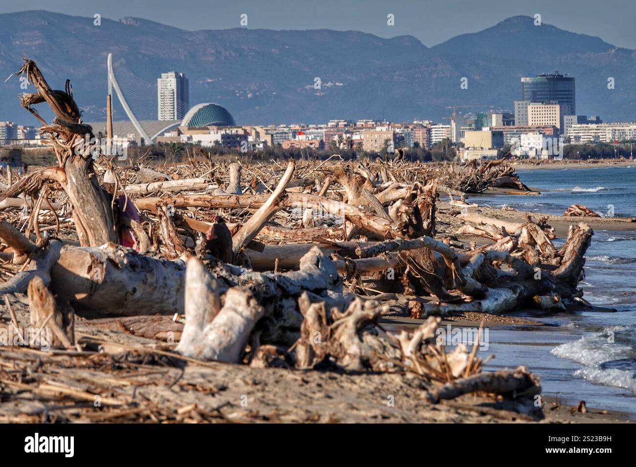 Coastal strip of Valencia full of debrisDuring the violence of the floods near Valencia, the devastating waters carried everything in their path all the way to the sea. The sea waves have thrown this debris onto the more than 30 kilometers of coastline. Personal belongings, too, have since been retrieved by people from among the debris and collected in piles. Valencia can be seen in the background.ANP/HOLLAND HEIGHT/PETER DE JONG netherlands out - belgium out Stock Photo