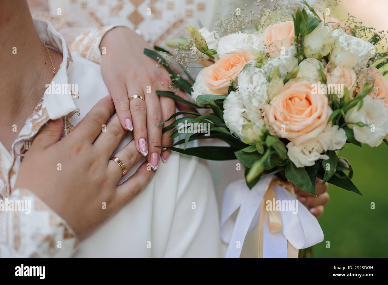 Hand Signs Intimation Intimate Wedding Moment with Floral Bouquet and Hand Gestures Stock ...