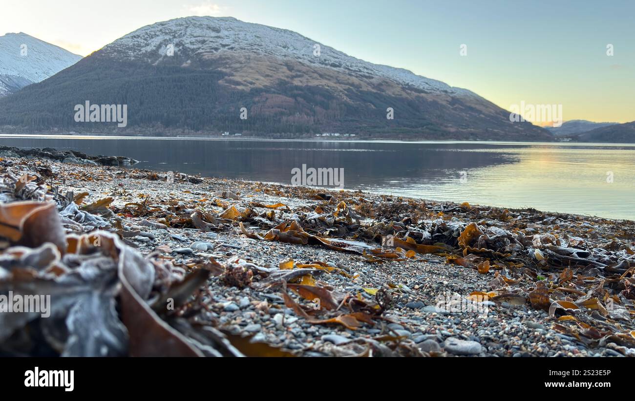 Sunset landscape view across Loch Linnhi in Scotland. Hills and Glens of the Scottish Highlands - Smartphone Captured Stock Image