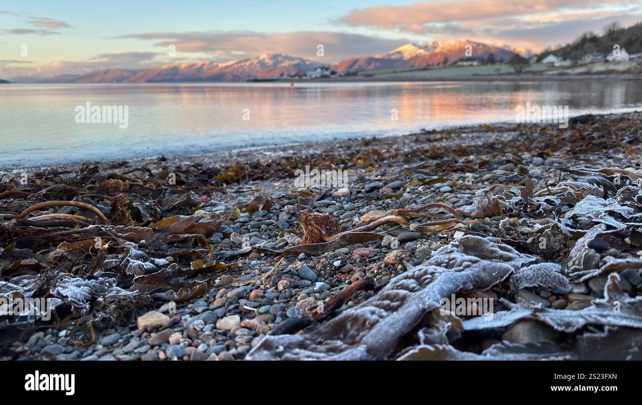 Sunset landscape view across Loch Linnhi in Scotland. Hills and Glens of the Scottish Highlands - Smartphone Captured Stock Image