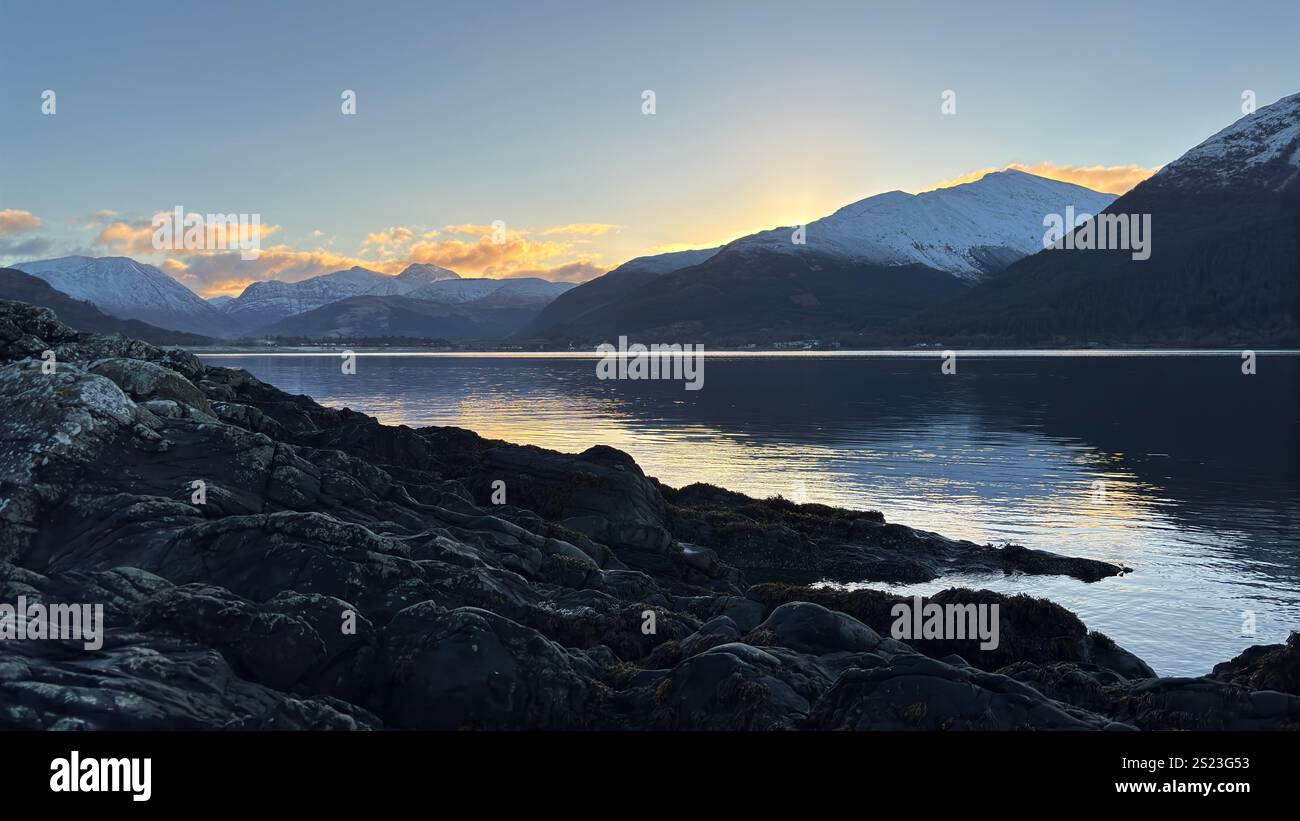 Sunset landscape view across Loch Linnhi in Scotland. Hills and Glens of the Scottish Highlands - Smartphone Captured Stock Image