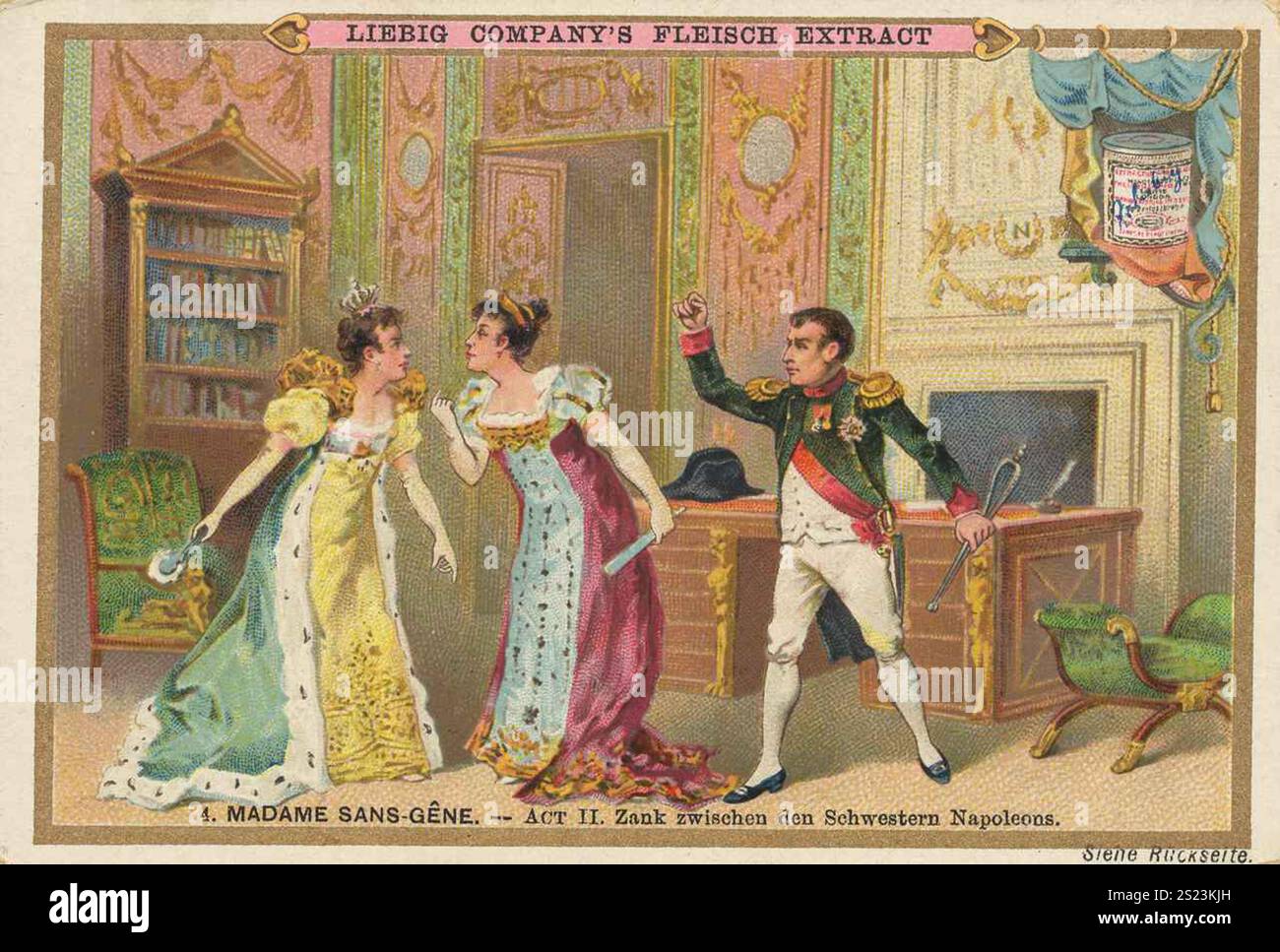 Image series Madame Sans-Gene, Act 2, Quarrel between Napoleon's sisters, Liebigbild, digitally restored reproduction of a collective image from around 1900, public domain, exact date unknown, argument between two women and Napoleon in a magnificent setting, Bildserie Madame Sans-Gene, Akt 2, Zank zwischen den Schwestern Napoleons, digital restaurierte Reproduktion eines Sammelbildes von ca 1900, gemeinfrei, genaues Datum unbekannt, Auseinandersetzung zwischen zwei Frauen und Napoleon in einer prunkvollen Umgebung Stock Photo