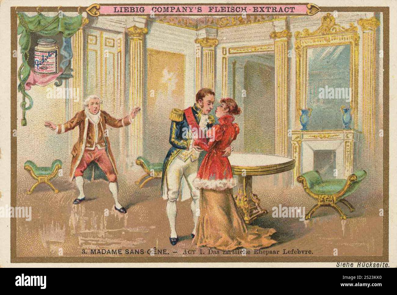 Image series Madame Sans-Gene, Act 1, the tender couple Lefebvre, Liebigbild, digitally restored reproduction of a collective image from around 1900, public domain, exact date unknown, Napoleon and a woman stand in a magnificent room with golden furniture, Bildserie Madame Sans-Gene, Akt 1, das zärtliche Ehepaar Lefebvre, digital restaurierte Reproduktion eines Sammelbildes von ca 1900, gemeinfrei, genaues Datum unbekannt, Napoleon und eine Frau stehen in einem prunkvollen Raum mit goldenen Möbeln Stock Photo