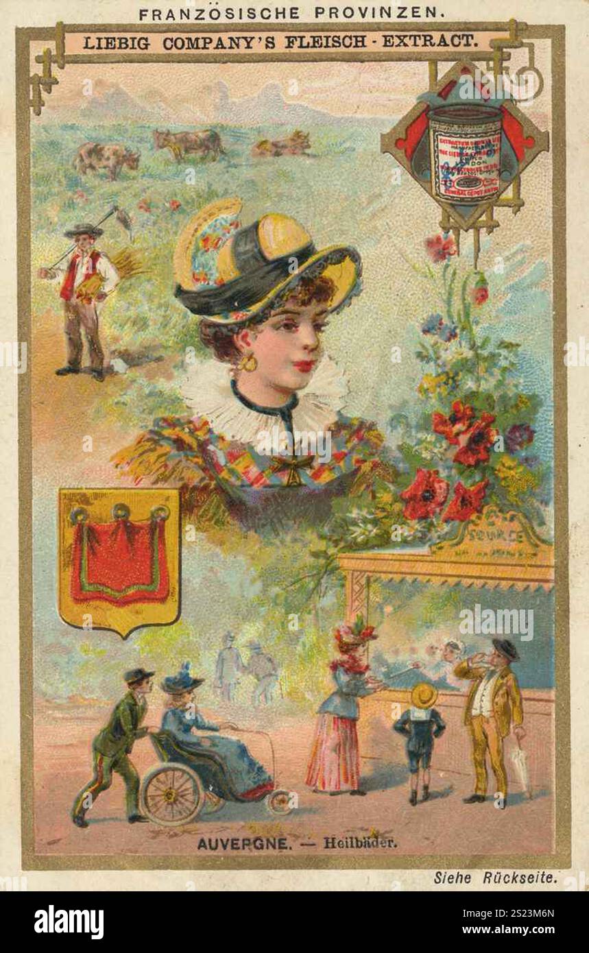 Image series French provinces, France, Auvergne, spas, Liebigbild, digitally restored reproduction of a collective image from around 1900, public domain, exact date unknown, woman in elegant costume in front of a rural scene with farmers and livestock, Bildserie Französische Provinzen, Frankreich, Heilbäder, digital restaurierte Reproduktion eines Sammelbildes von ca 1900, gemeinfrei, genaues Datum unbekannt, Frau in eleganter Tracht vor einer ländlichen Szene mit Bauern und Viehhaltung Stock Photo