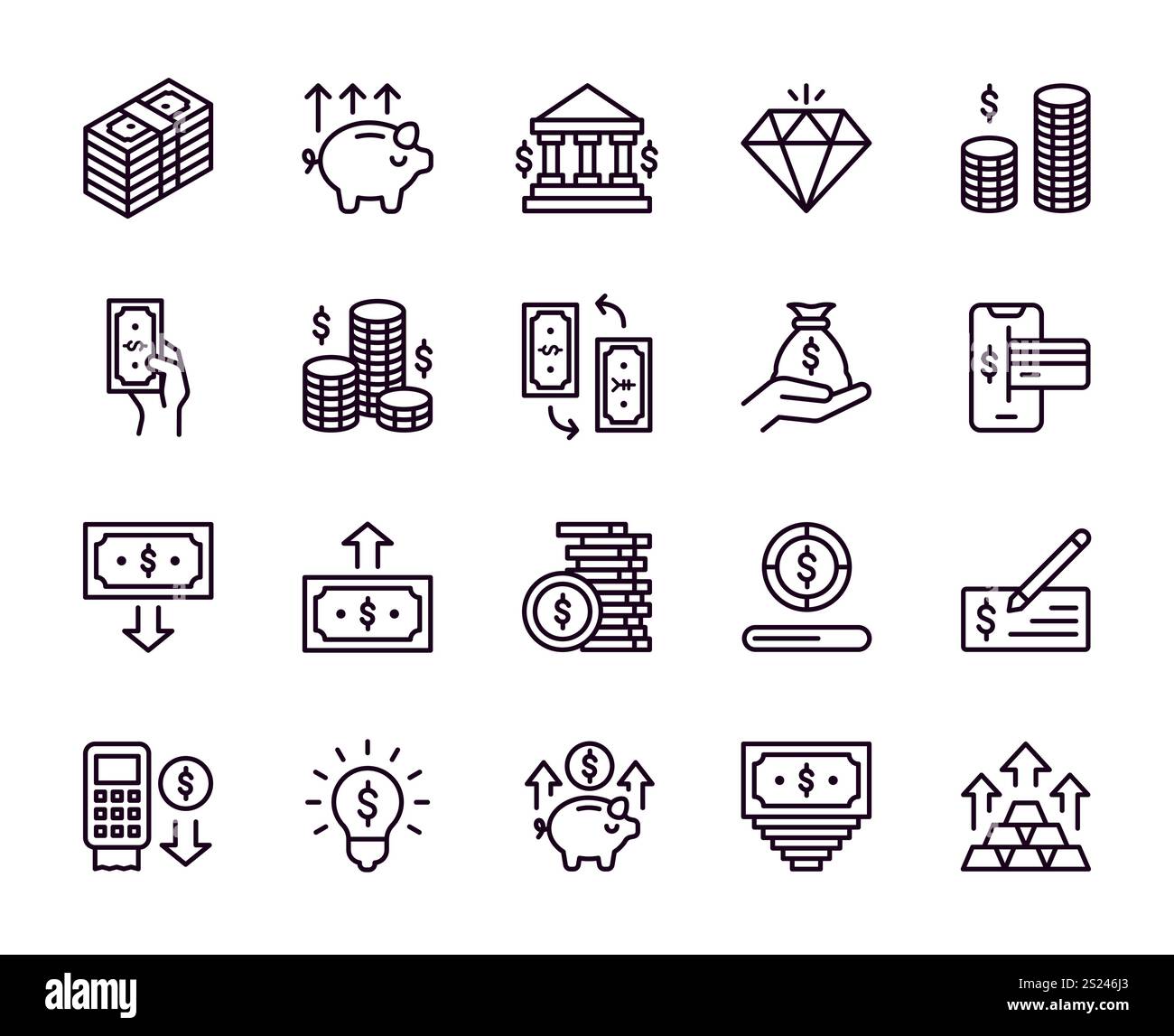 Money icons. Cash dollar. Bank payment. Wallet or credit card line ...