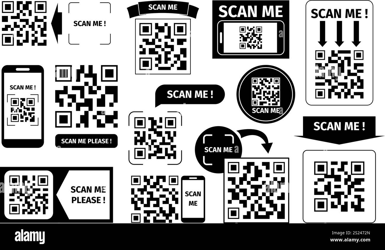 Scan me qr codes. Black barcodes for digital payments, ticket or personal id. Smartphone information, electronic wallet badges recent vector set Stock Vector