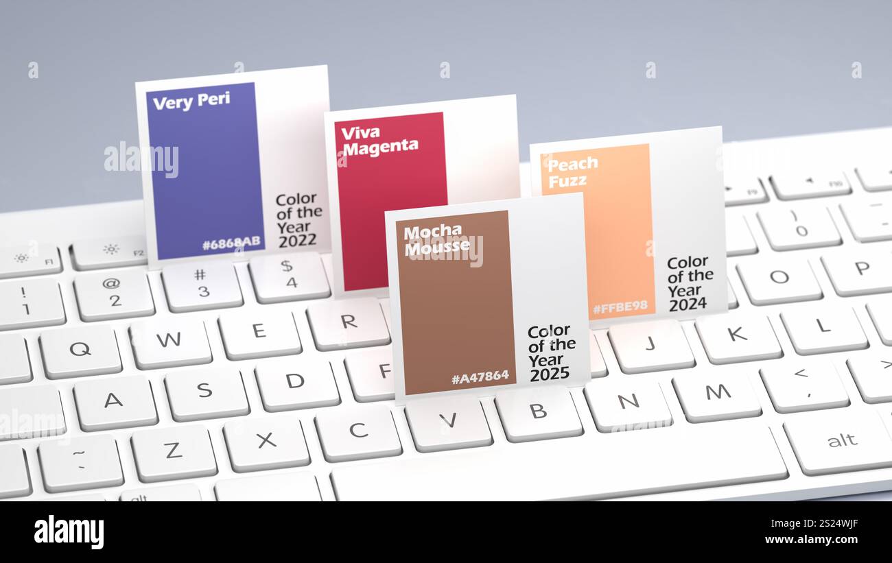 Color of the year 2022 to 2025 (Mocha Mousse) on a keyboard. Selective