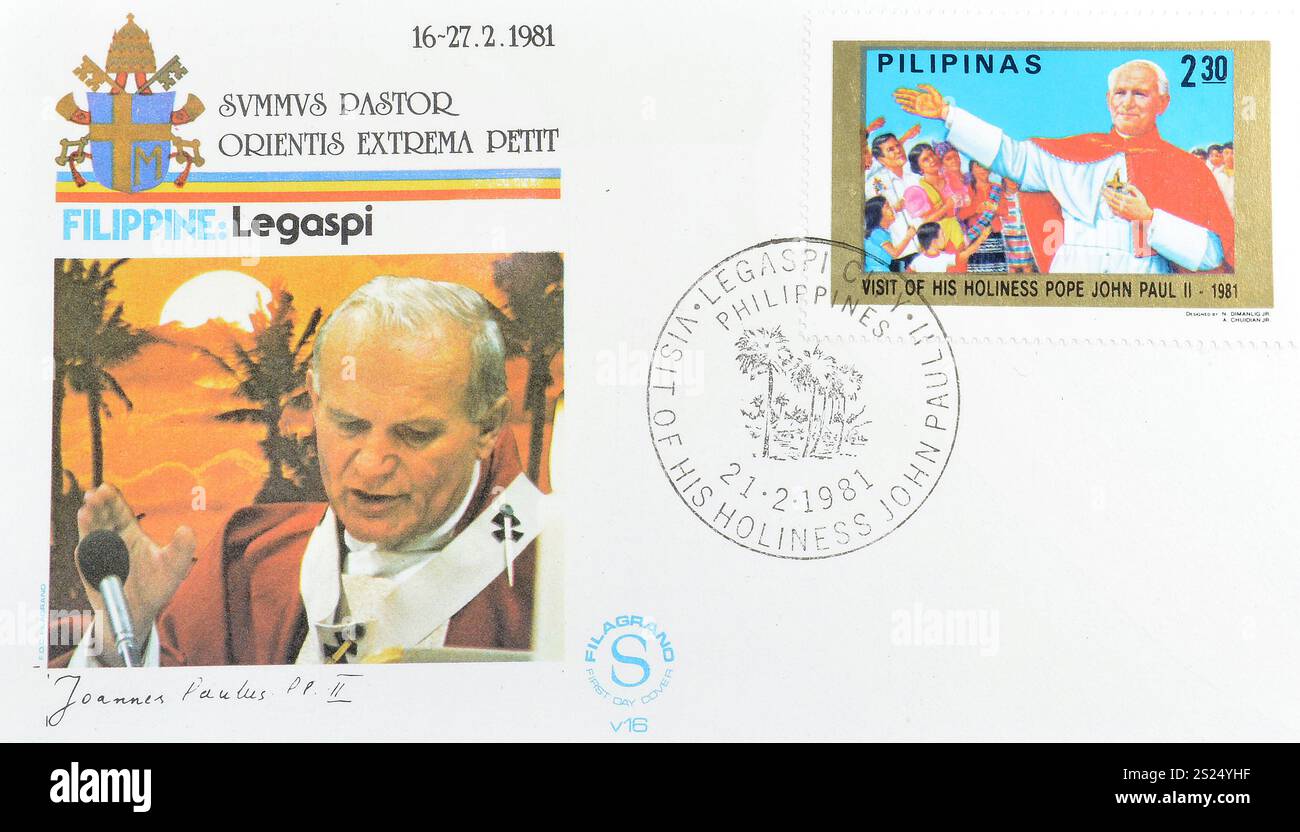 Letter with cancelled postage stamp printed by Philippines, that celebrates Visit of Pope John Paul II to  Legaspi, Philippines, circa 1981. Stock Photo