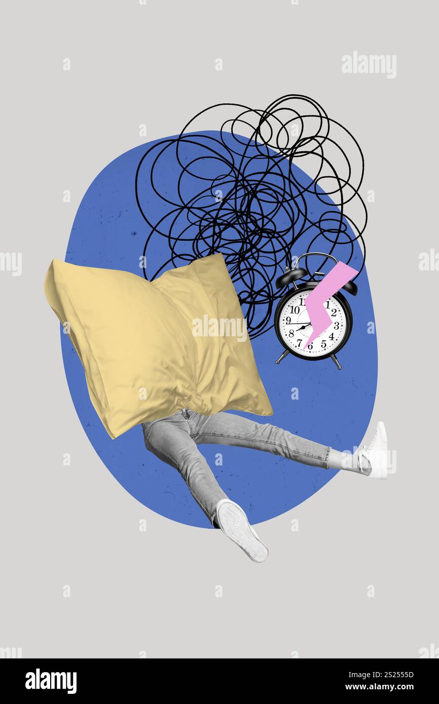 Vertical collage headless woman lying fall asleep bedtime alarm bell ...