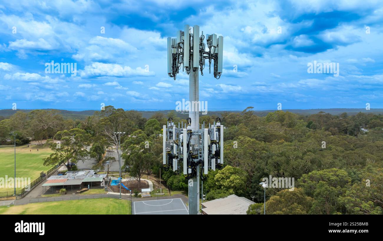 Telecom Aerial Components Drone aerial photograph of the top section of a telecommunications ...