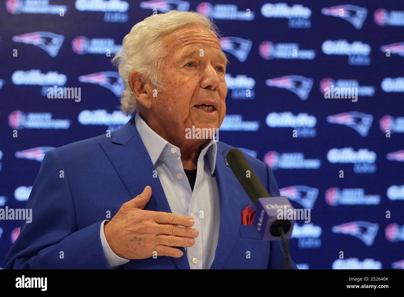 New England Patriots owner Robert Kraft answers a question during a(02)