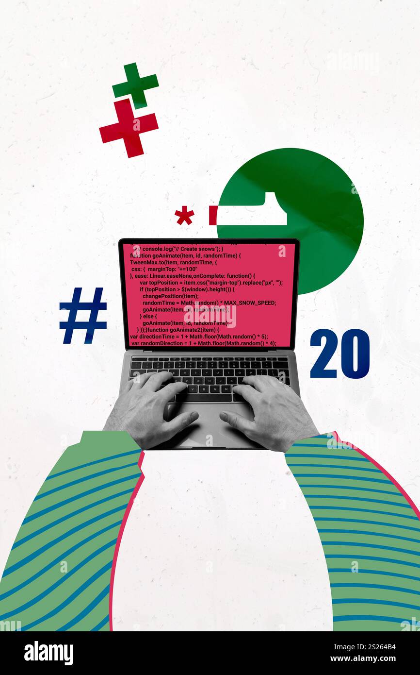Vertical sketch 3d artwork collage poster of freelancer hands type remote laptop digital code hacking developer software app Stock Photo
