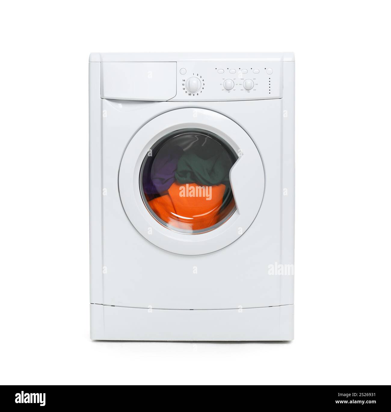 Modern washing machine with clothes in drum isolated on white Stock ...