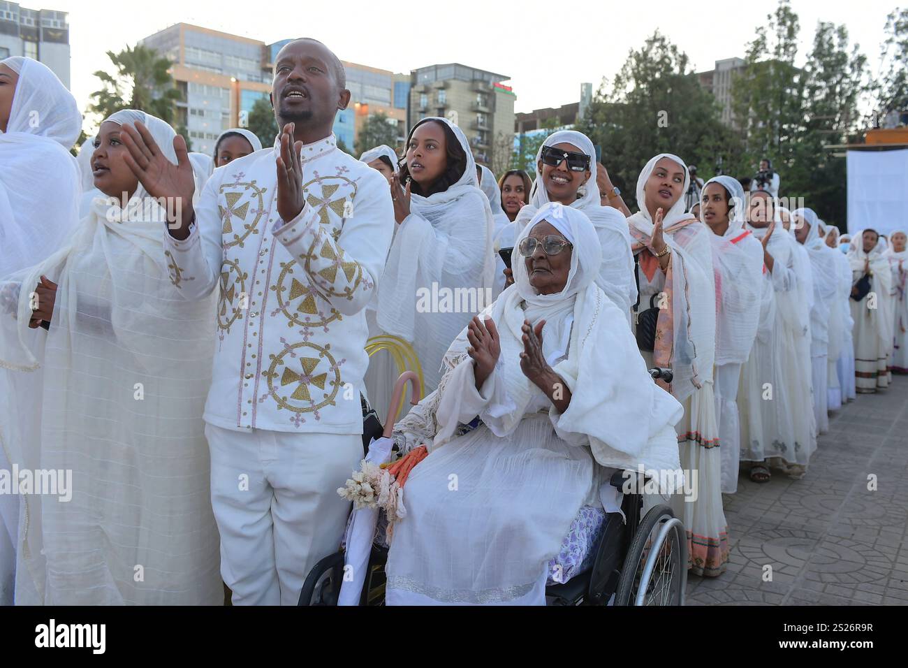 Ethiopian pilgrims pray during a Mass service for Ethiopian Christmas