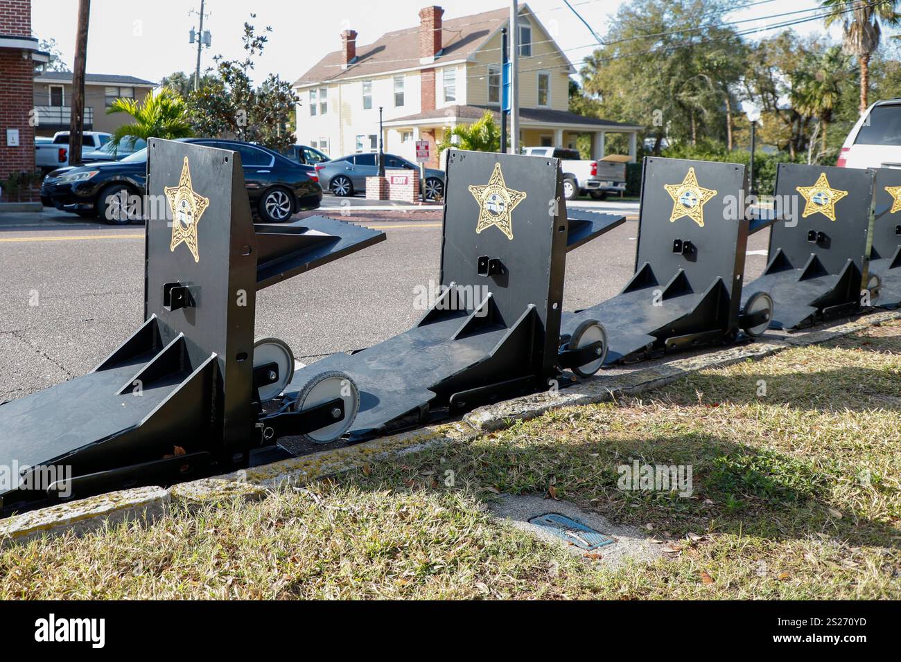 Barricade devices wait to be used during the 119th Epiphany ceremony near Saint Nicholas Greek