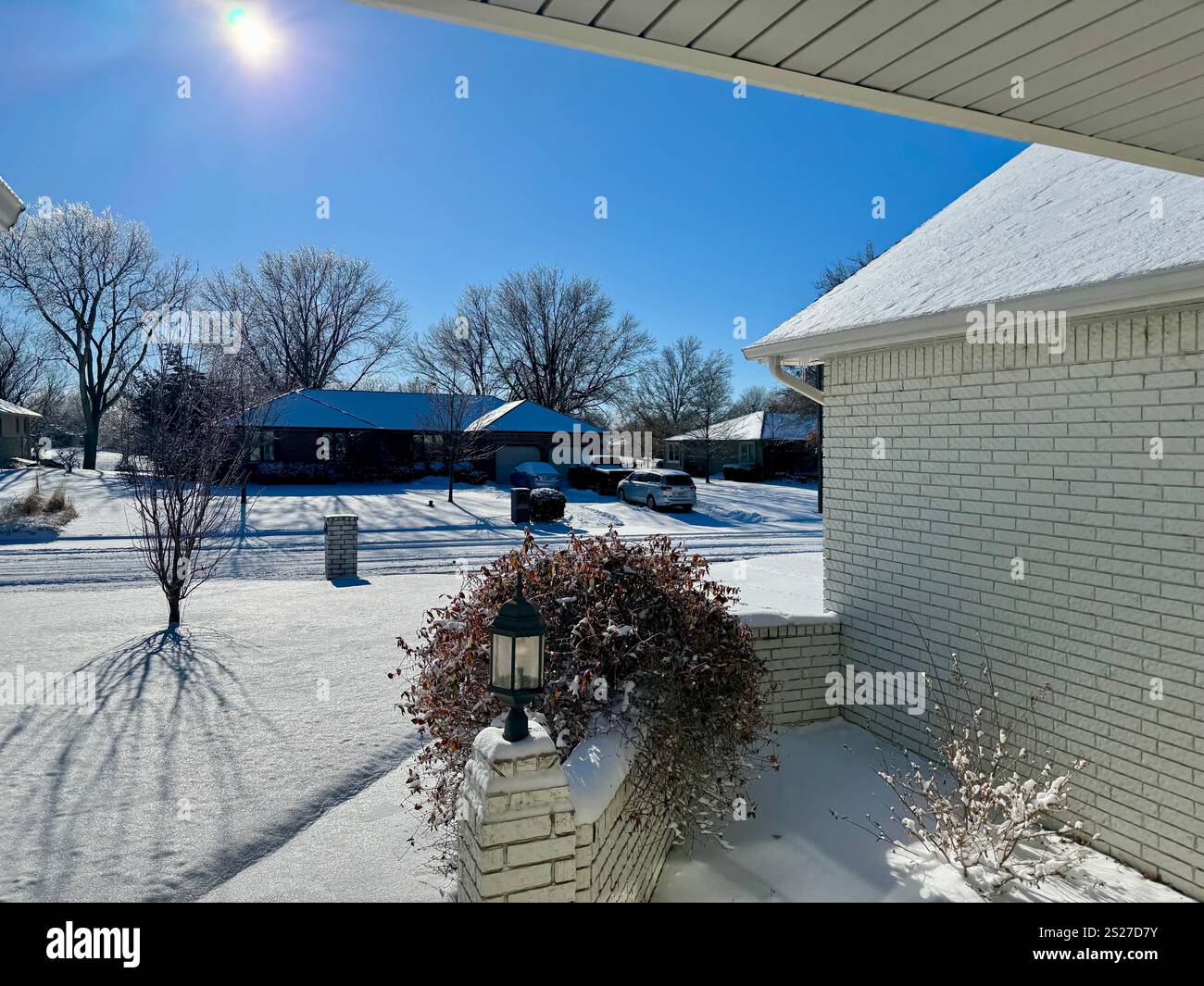 Ice sparkles in the treetops after a blizzard and brutally cold temperatures in Wichita, Kansas, USA - Smartphone Captured Stock Image