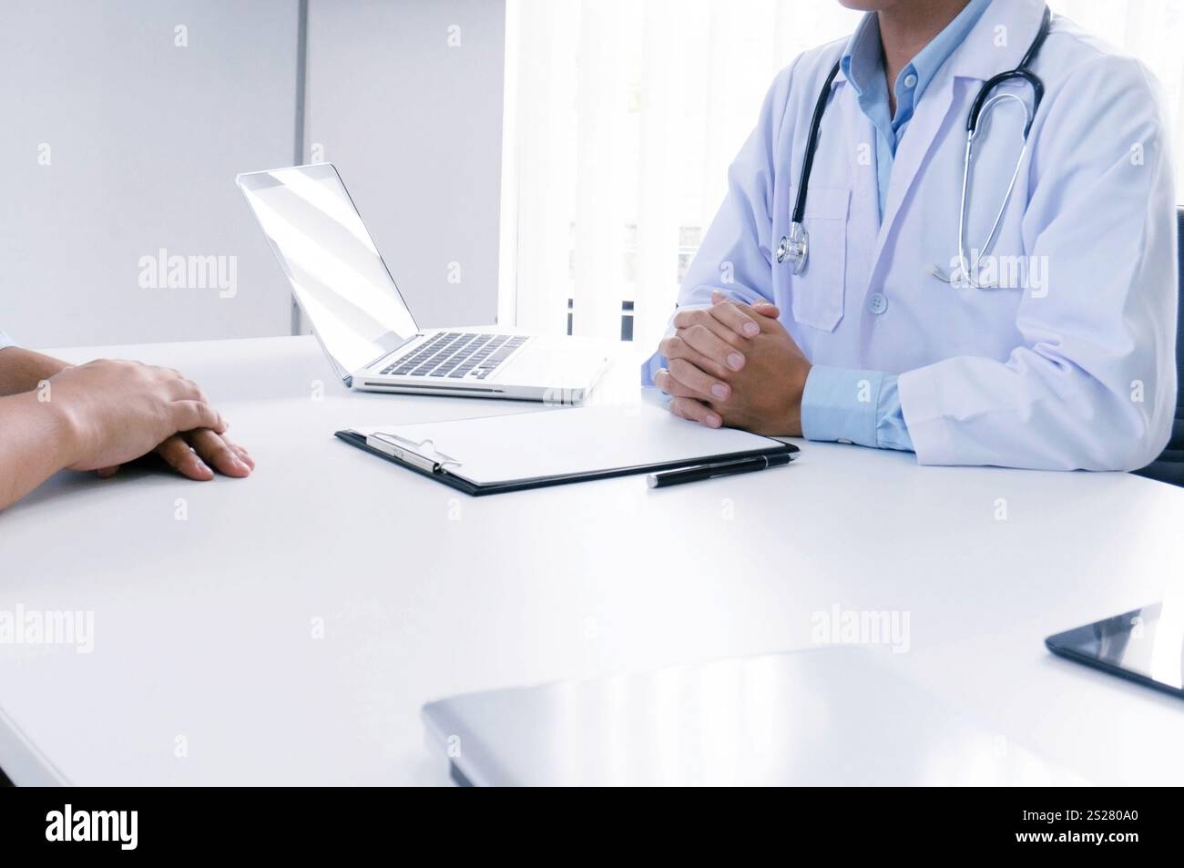 Interview With Doctor Professional medical doctor in white uniform gown coat interview ...