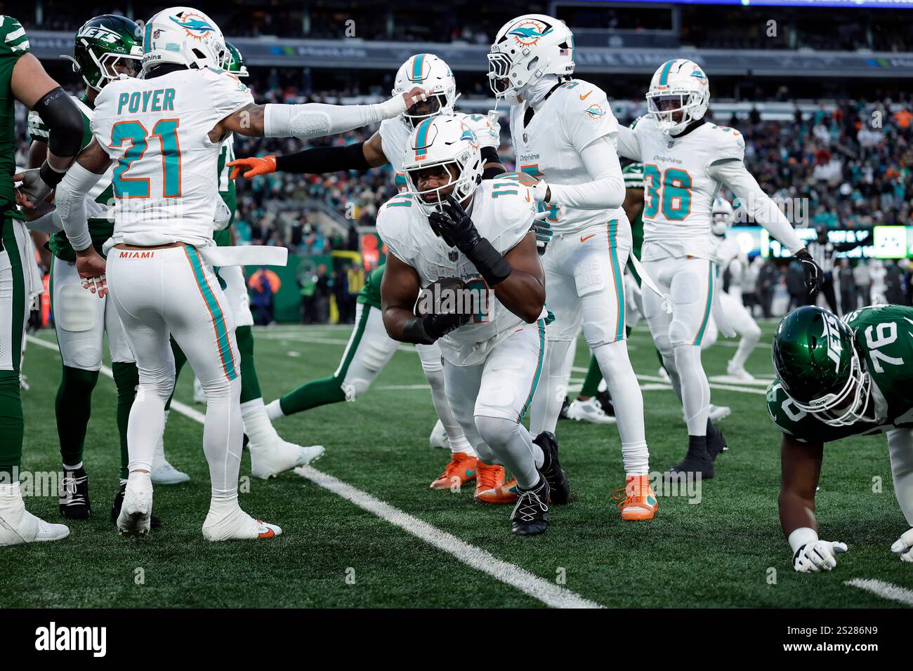 Miami Dolphins linebacker Tyrel Dodson (11) reacts after an