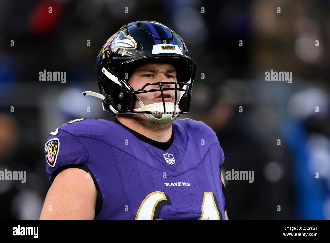 Baltimore Ravens center Tyler Linderbaum (64) works out before an NFL ...