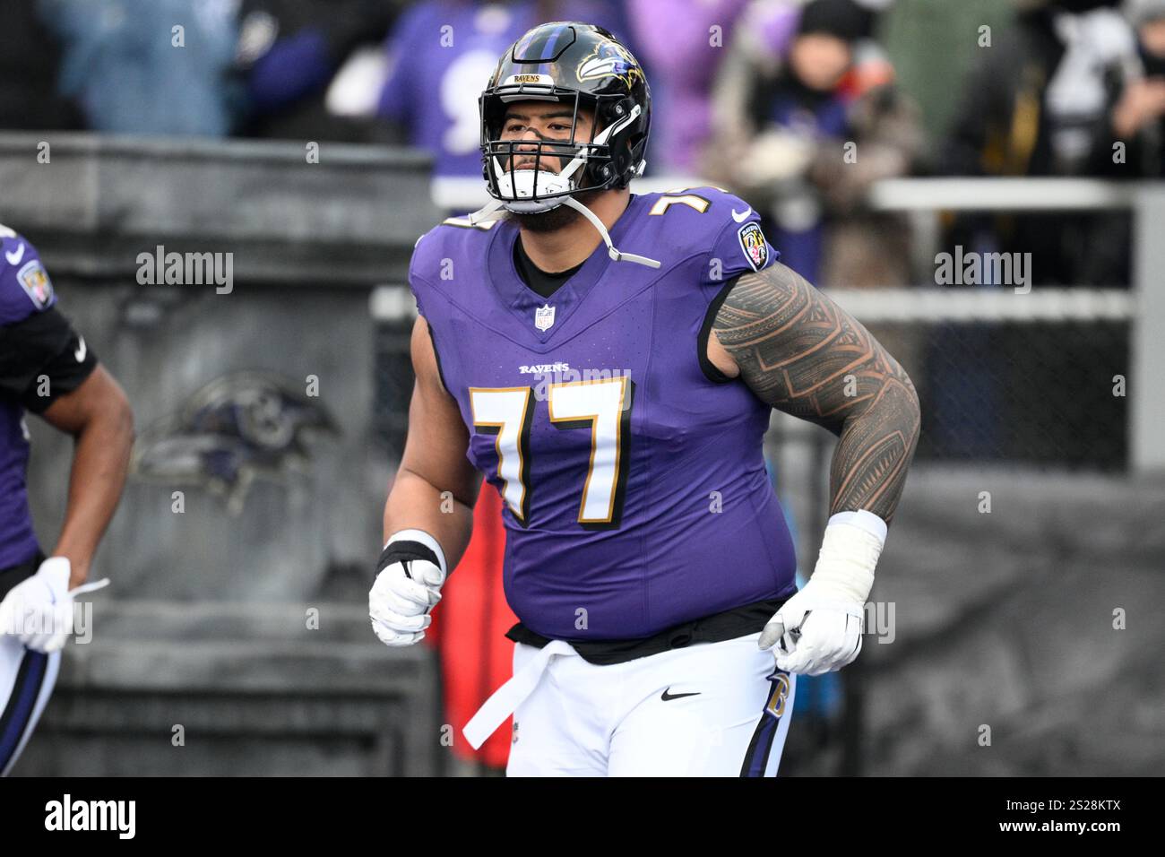 Baltimore Ravens offensive tackle Daniel Faalele (77) takes to the ...
