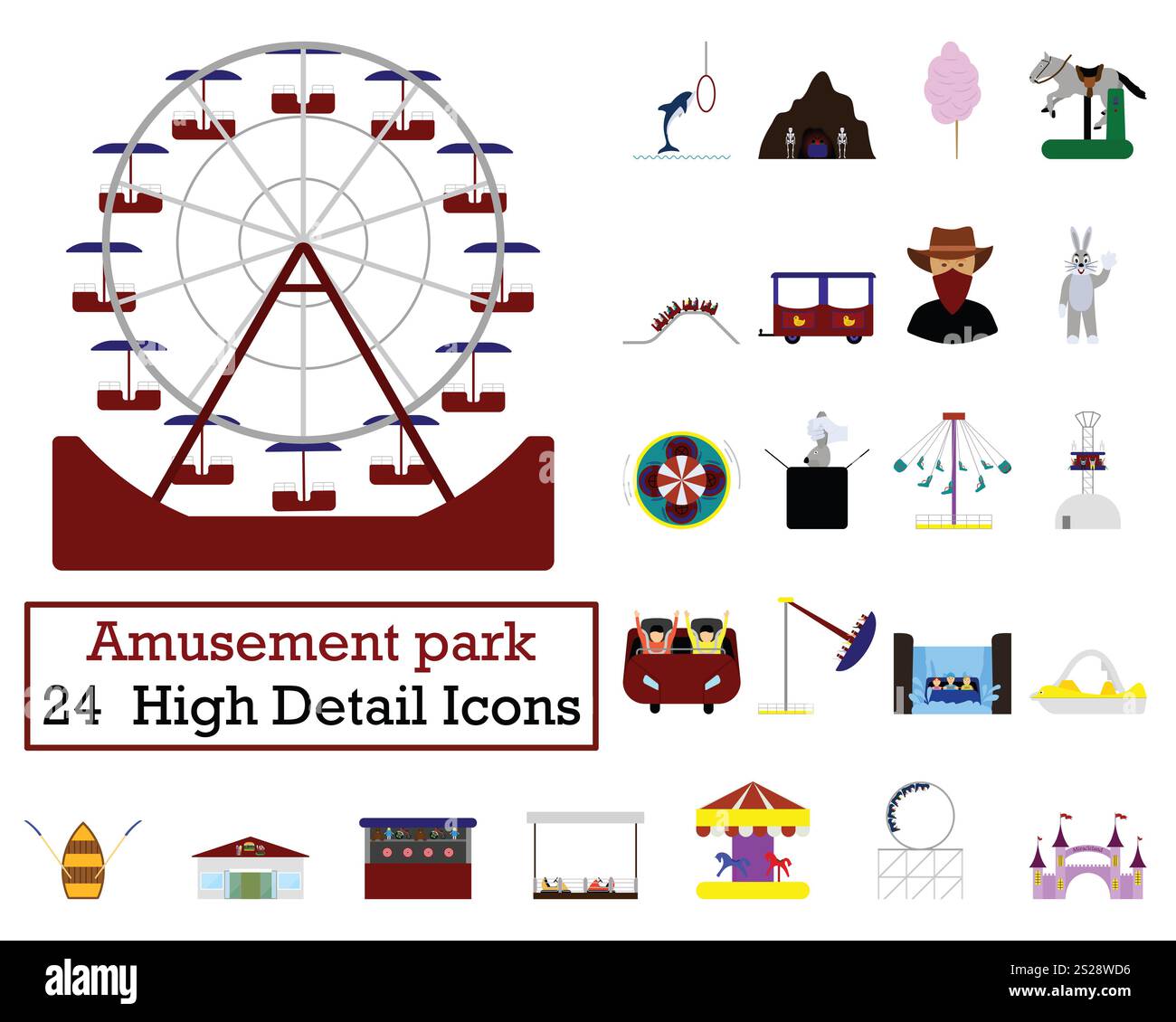 Set of 24 Amusement Park Icons. Flat color design. Vector illustration ...