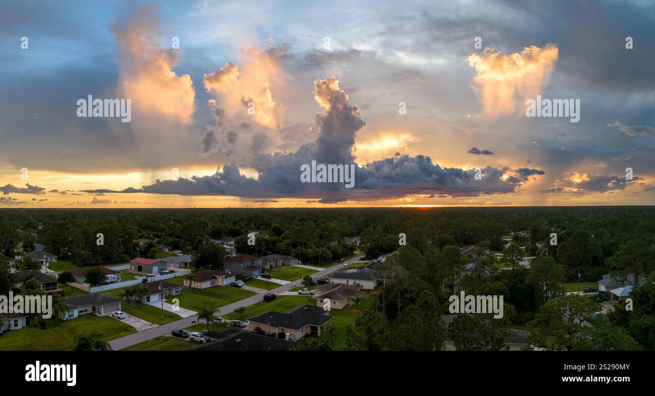 Aerial landscape view of suburban private houses between green palm ...