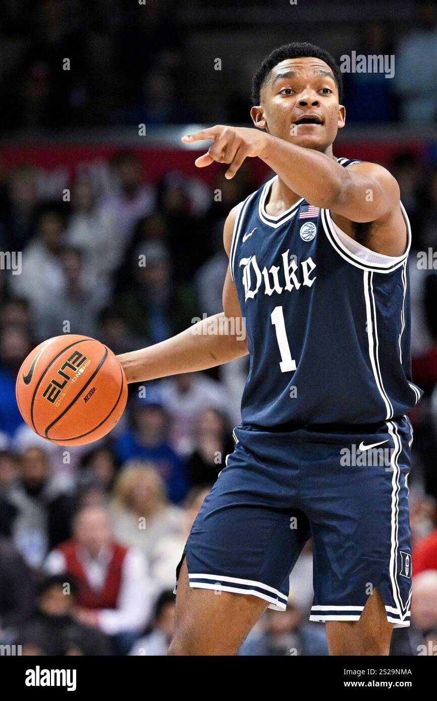 Duke guard Caleb Foster directs his team during an NCAA college