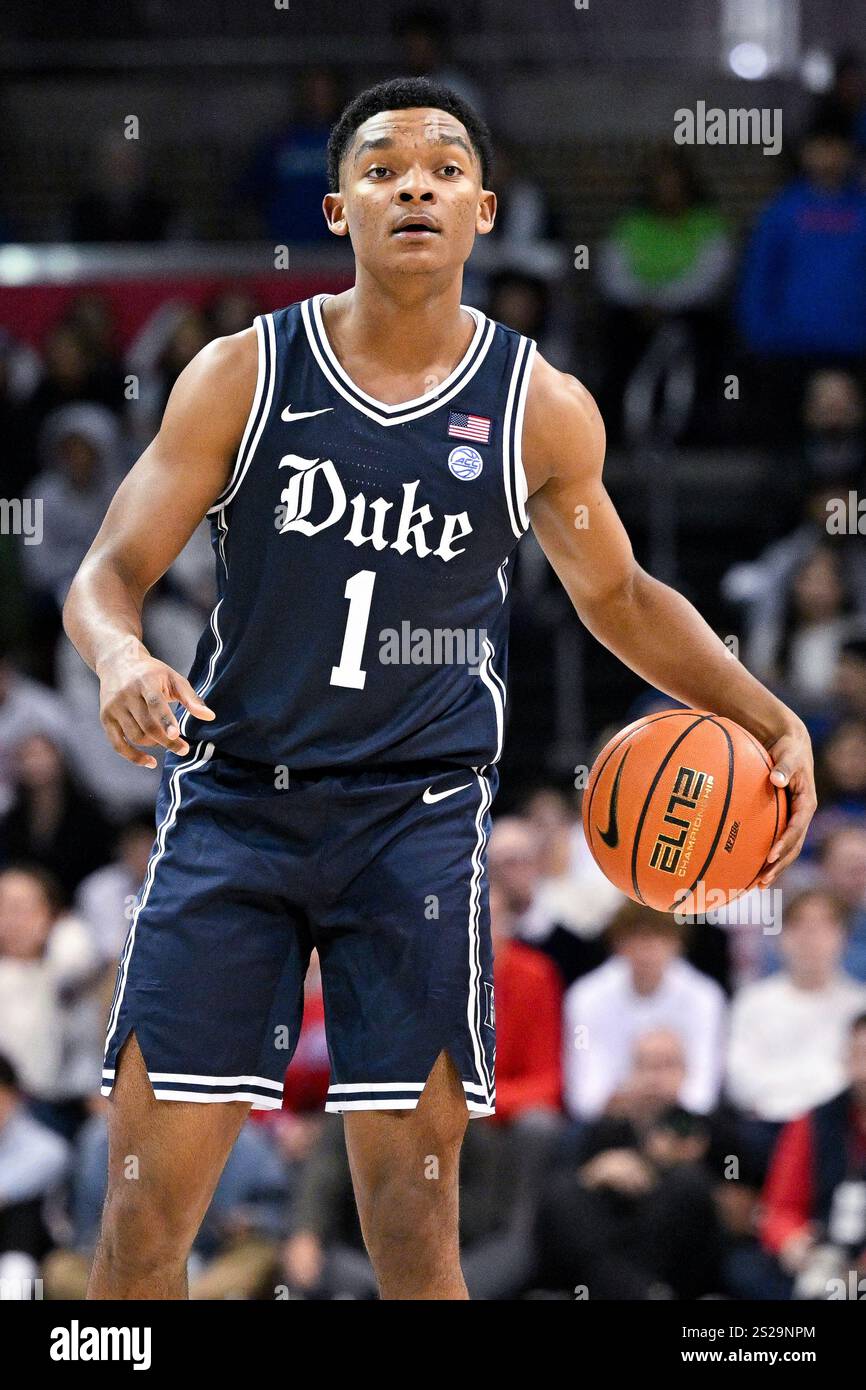 Duke guard Caleb Foster looks to his team during an NCAA college