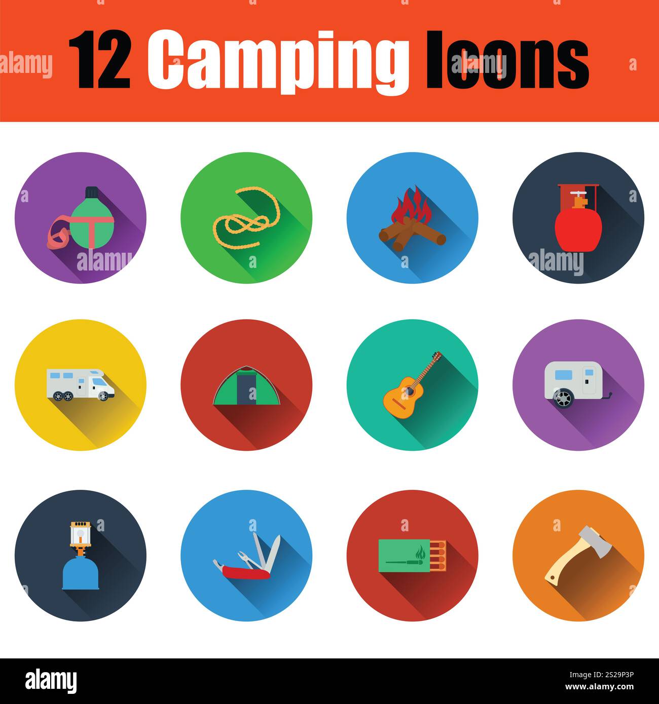 Camping icon set. Full color flat design with shadow. Vector ...
