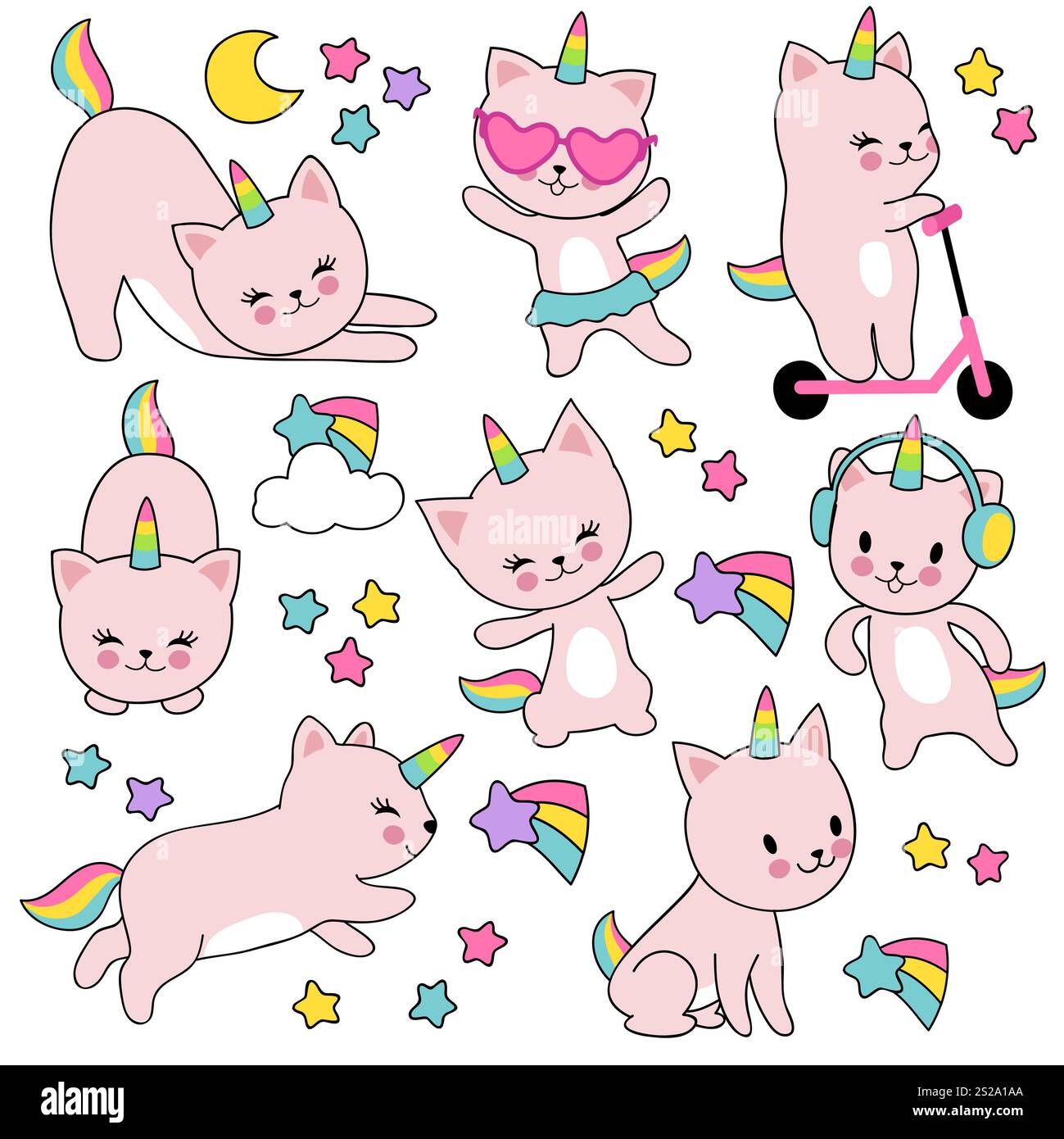 Cartoon cute white cat unicorns. Funny caticorn kittens vector set ...