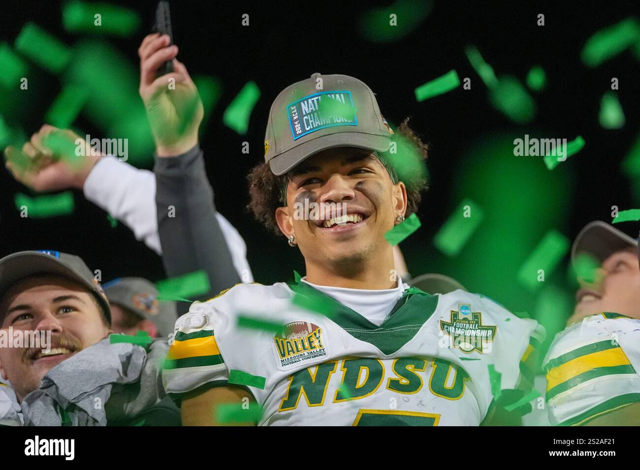 North Dakota State wide receiver Bryce Lance reacts following the FCS