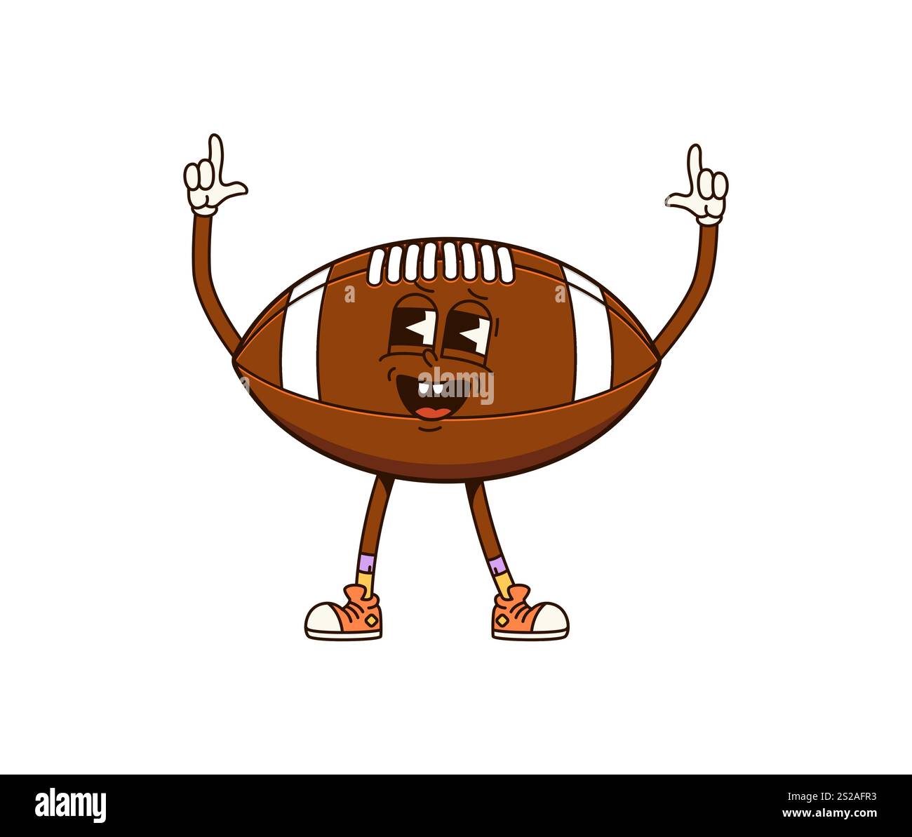 Groovy rugby ball sport character in a dynamic pointing up pose ...