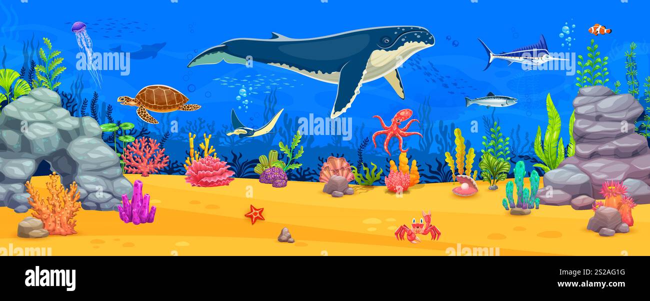 Cartoon underwater landscape with whale, sea animals and fishes, vector ...