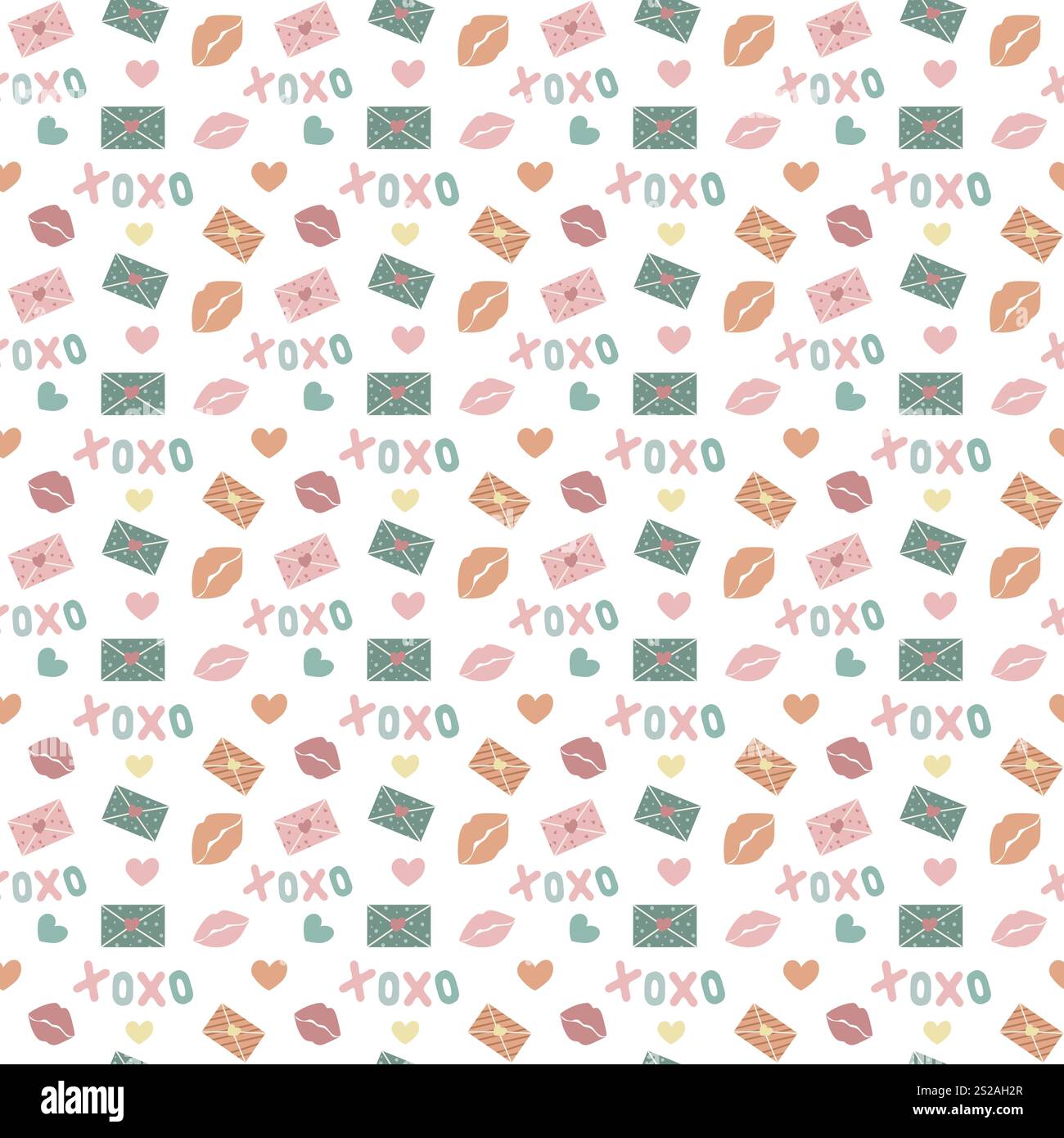 Seamless pattern with letters, hearts, lips and xoxo Stock Photo