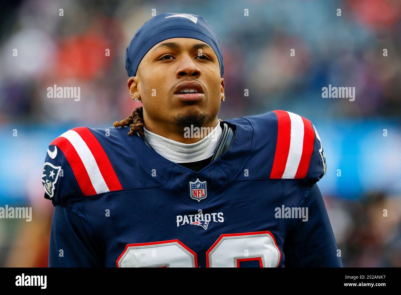 New England Patriots cornerback Alex Austin (28) reacts prior to an NFL ...