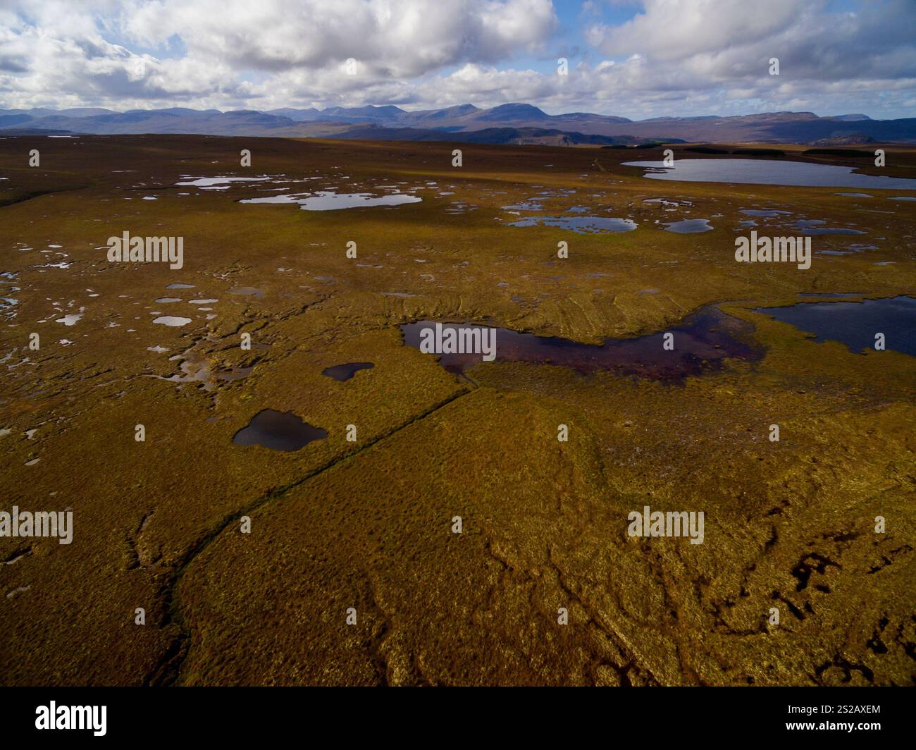 A'MHOINE PENINSULA, SUTHERLAND, SCOTLAND, UK - 12 September 2023 - Aerial view of blanket peat bog systems on the A'Mhoine Peninsula near Tongue, Suth Stock Photo