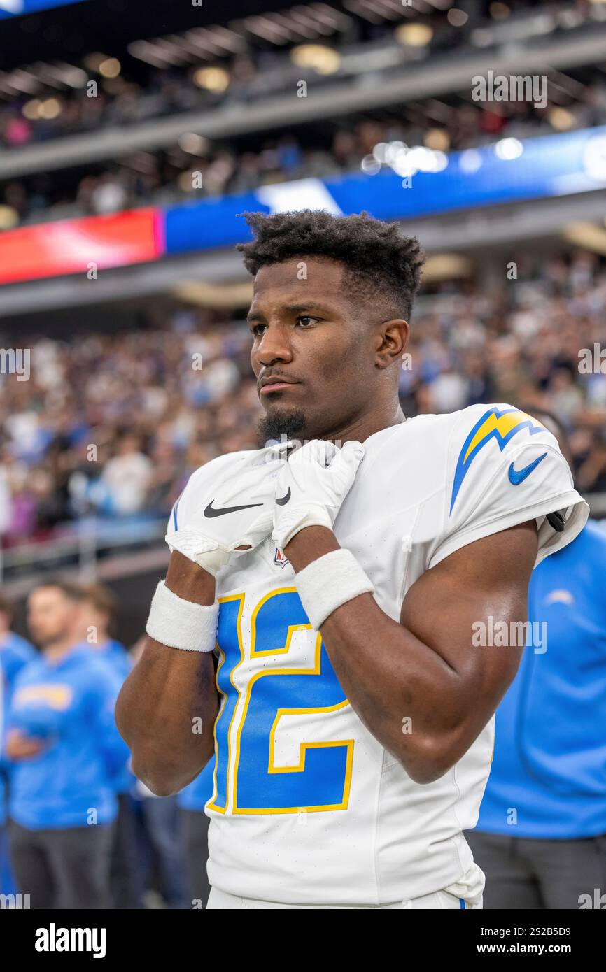 Los Angeles Chargers wide receiver Derius Davis (12) stands for the ...