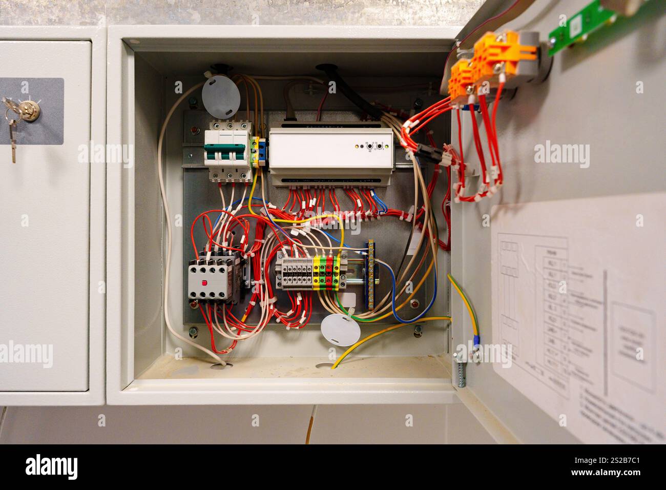 Complex wiring setup inside an electrical control cabinet for