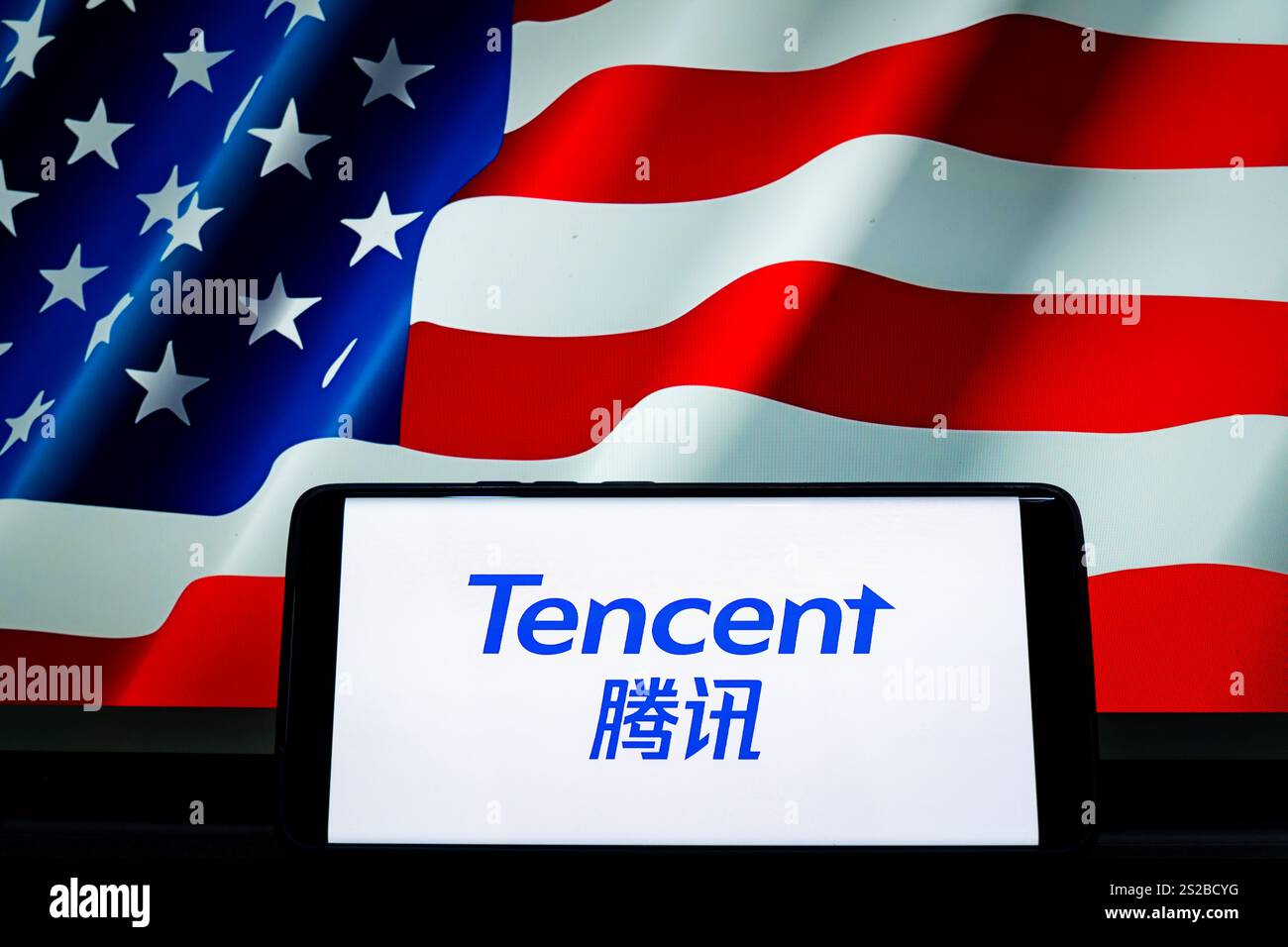 CHONGQING, CHINA JANUARY 7, 2025 Illustration background is the American flag and Tencent