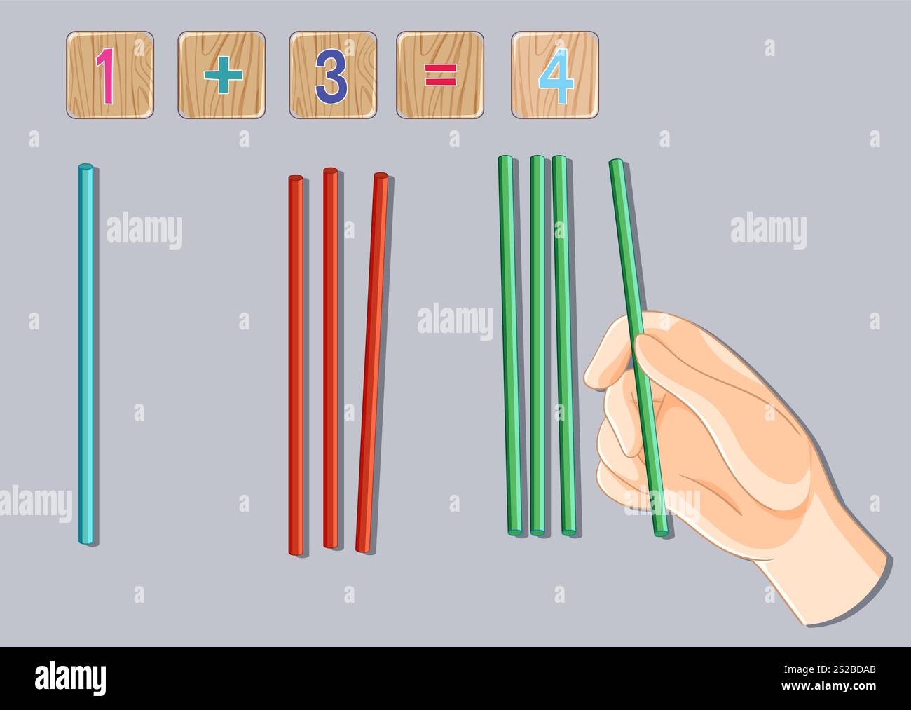 Illustration of basic addition using colored sticks Stock Vector
