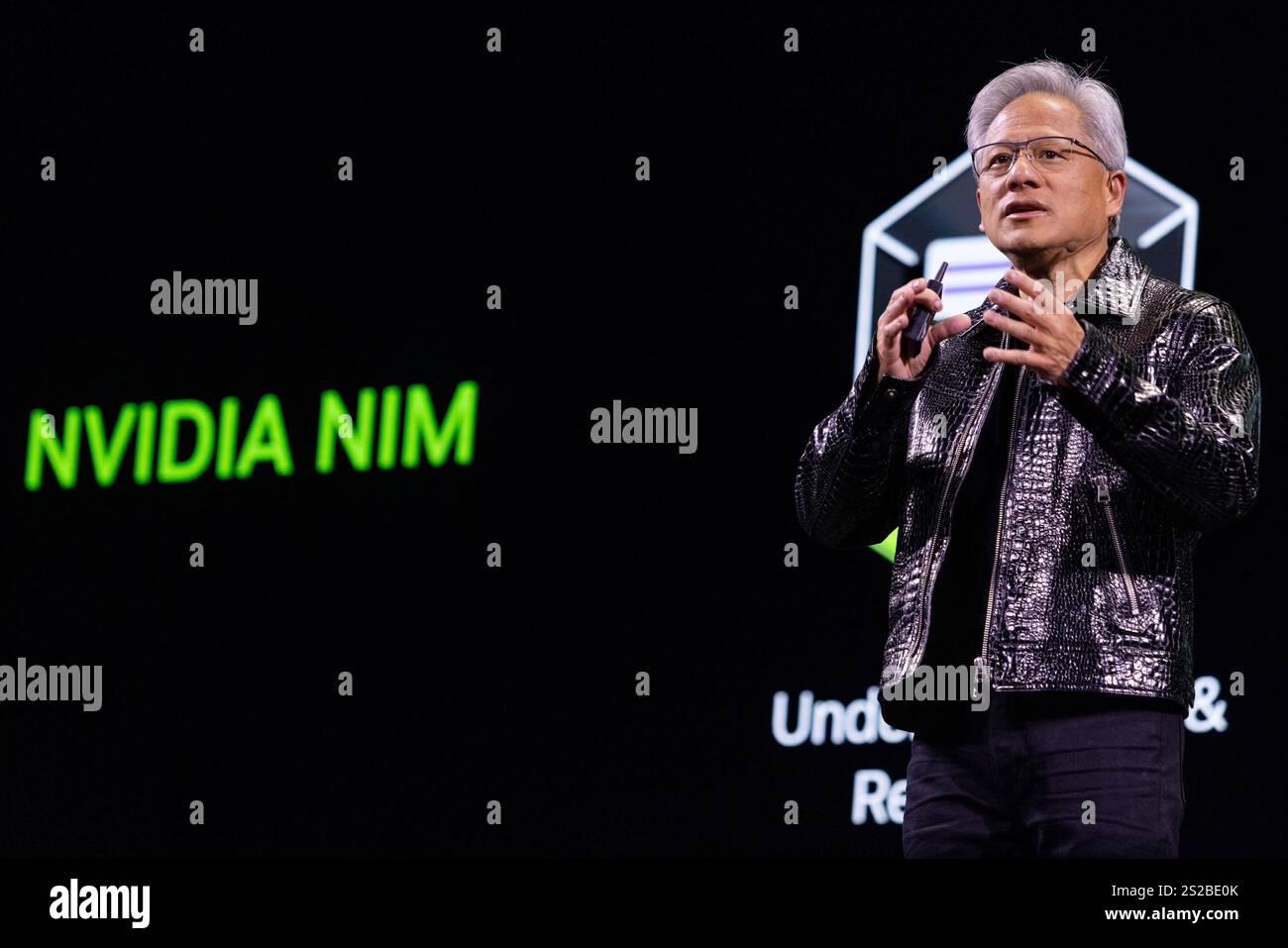 Las Vegas, USA. 06th Jan, 2025. Nvidia CEO Jensen Huang gives the first ...