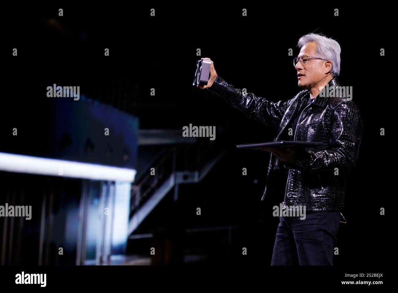 Las Vegas, USA. 06th Jan, 2025. Nvidia CEO Jensen Huang gives the first ...