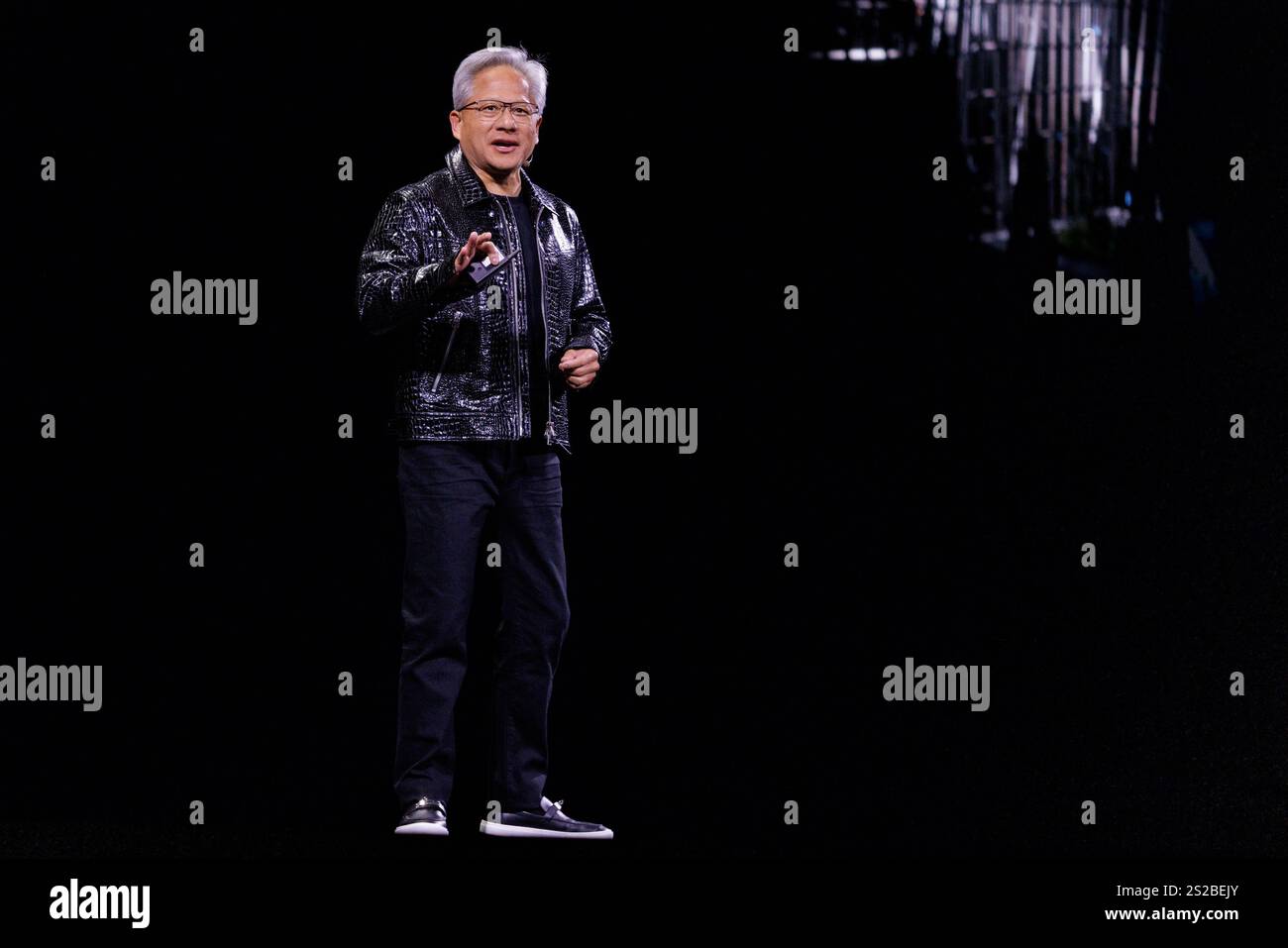Las Vegas, USA. 06th Jan, 2025. Nvidia CEO Jensen Huang gives the first ...