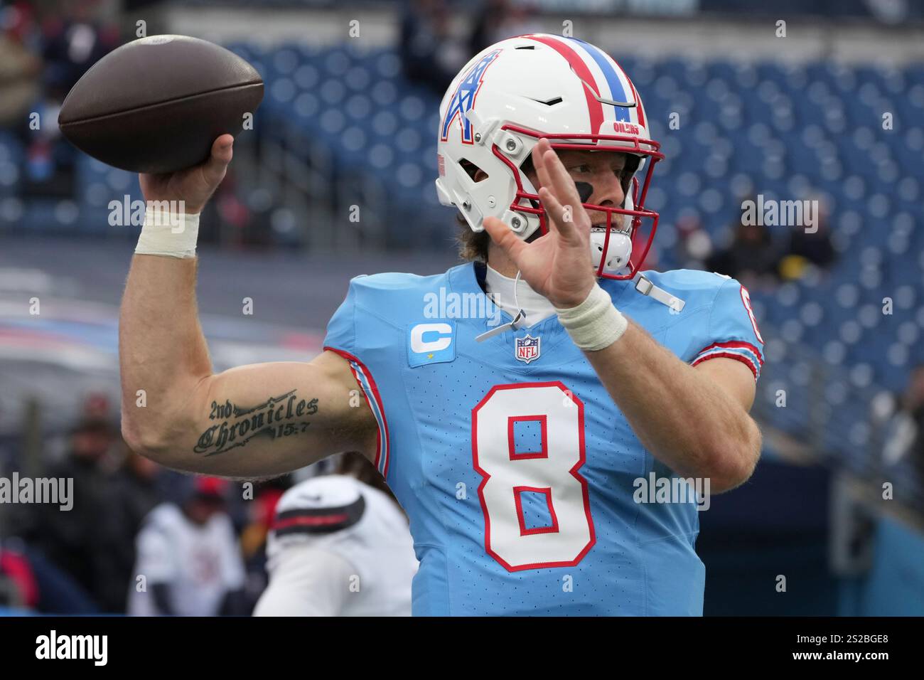 Tennessee Titans quarterback Will Levis (8) warms up before an NFL