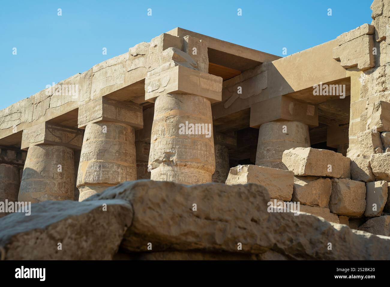 Temple Using Blocks Ancient Egyptian temple with columns among ruined stone blocks Stock ...