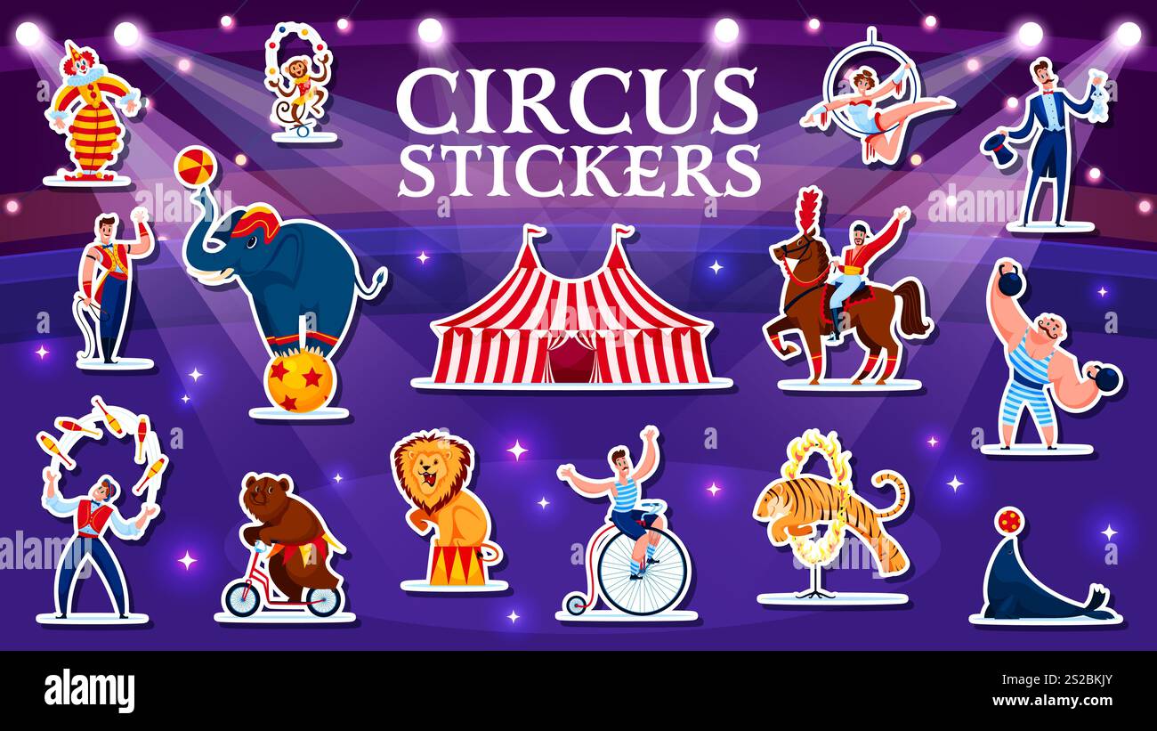 Shapito circus performer characters and animals stickers pack, cartoon ...