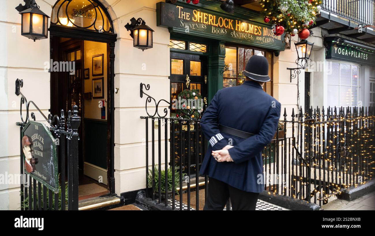 Sherlock Holmes Museum with police officer 221b Baker Street. British bobby Larpa. London UK - Smartphone Captured Stock Image