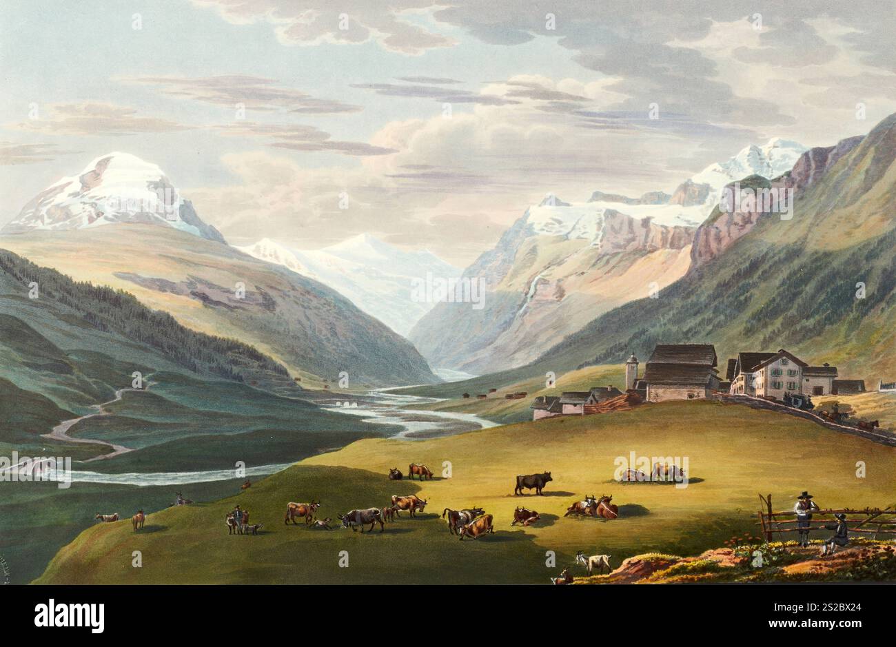 Blick auf das Dorf Hinterrhein und die erste Brücke über den inneren Rhein aufgenommen in Richtung Rheinwaldgletscher, Schweiz, Ansicht um 1830, digit Stock Photo